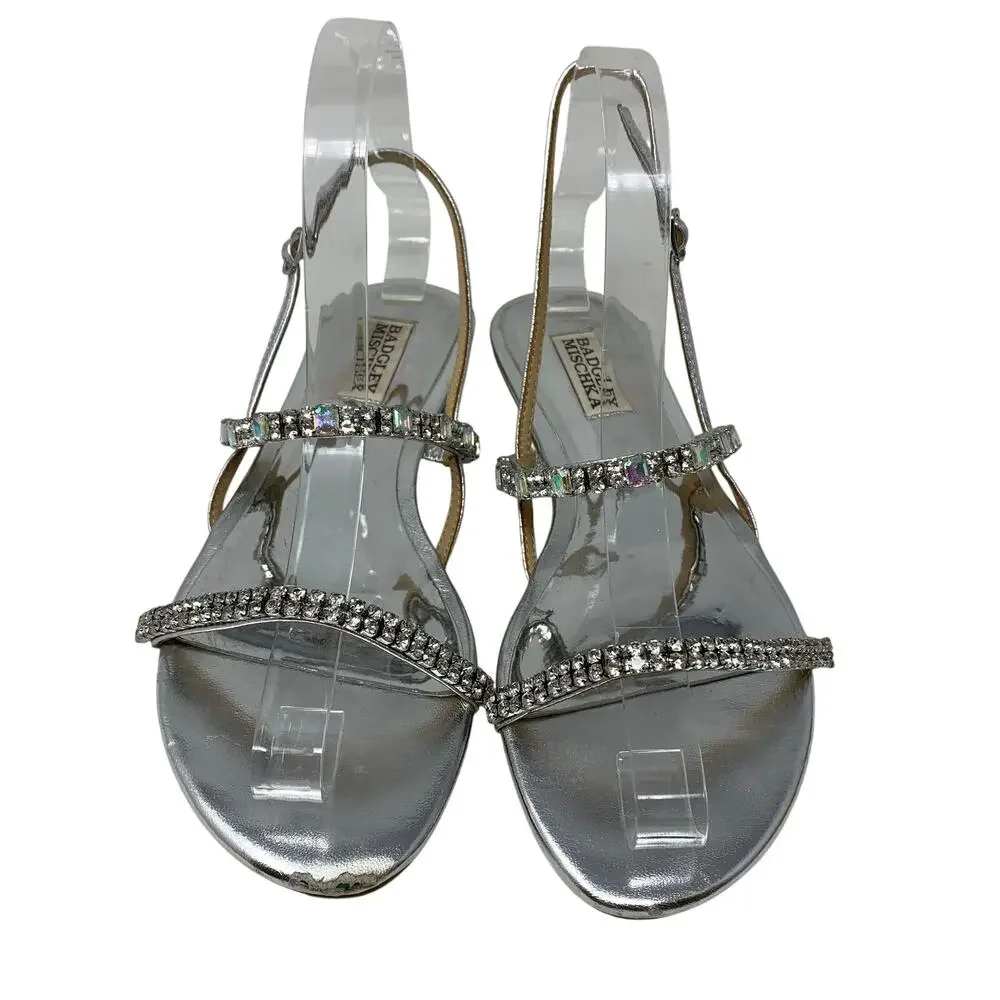 Badgley Mischka Silver Crystal Rhinestone Flat Sandals Womens Size 7 Slingback